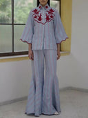 Embroidered Stripe Shirt & Flared Pants Two-Piece Set