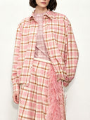 Classic Plaid Loose Shirt & Feather-Trim Skirt Two-Piece Set