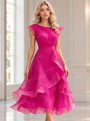 Elegant Organza Pleated Waist Ruffle Midi Dress