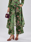 Retro Floral Print Frog Button Long Coat & Wide Leg Pants Set