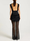 Sexy Sleeveless Feather Trim Mesh Maxi Dress