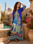 Unique Painted Print Satin Kaftan Maxi Dress