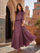 Retro Print Scarf Neck Top & Flowing Maxi Skirt Two-Piece Set