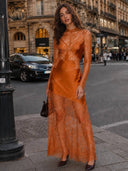 Sexy Lace-Trim Satin Long-Sleeve Maxi Dress