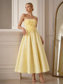 Romantic 3D Floral Strapless Midi Dress