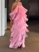 Elegant One-Shoulder Backless Tiered Fringe Maxi Dress