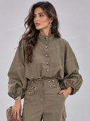 Button-Up Cropped Jacket & High-Waist Cargo Pants Set