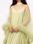 Elegant Feather Trim Sheer Chiffon Cape Maxi Dress