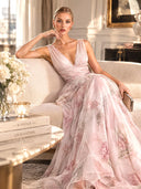 Elegant V-Neck Floral Print Tulle Maxi Dress