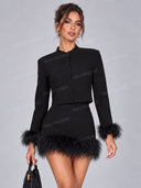 Elegant Feather Trim Cropped Jacket & Mini Skirt Set