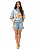 Exquisite Satin Horse Print Zip-Up Shirt & Shorts Set