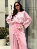 Elegant Satin Blouse & Draped Maxi Skirt Two-Piece Set