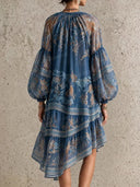 Retro Floral Sheer Sleeve Ruffle High-Low Dress