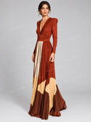 Elegant Color Block Plunge Neck Pleated Maxi Dress