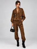 Suede Belted Jacket & Cargo Pants Two Piece Set