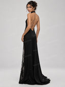 Elegant Halter Neck Lace Panel Maxi Dress