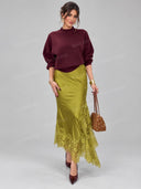 Casual Sweater & Lace Trim Asymmetric Maxi Skirt Two Piece Set