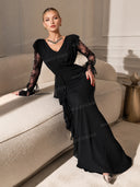 Lace-sleeve Spliced Pleated Maxi Dress