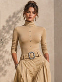 Casual Turtleneck Top & Belted Wide Leg Culotte Pants Set