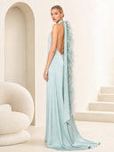 Elegant Satin Halter Feather-Trim Maxi Dress