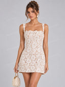 Elegant Floral Lace Square Neck Mini Dress
