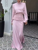 Elegant Satin Top & Embroidered Waistband Skirt Two-Piece Set