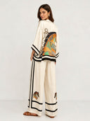 Elegant Horse Print Satin Kimono Top & Pants Two-Piece Set