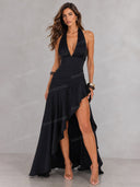 Elegant V-Neck Ruffle High-Low Maxi Dress