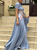 Elegant Draped Floral Applique Cape Chiffon Maxi Dress