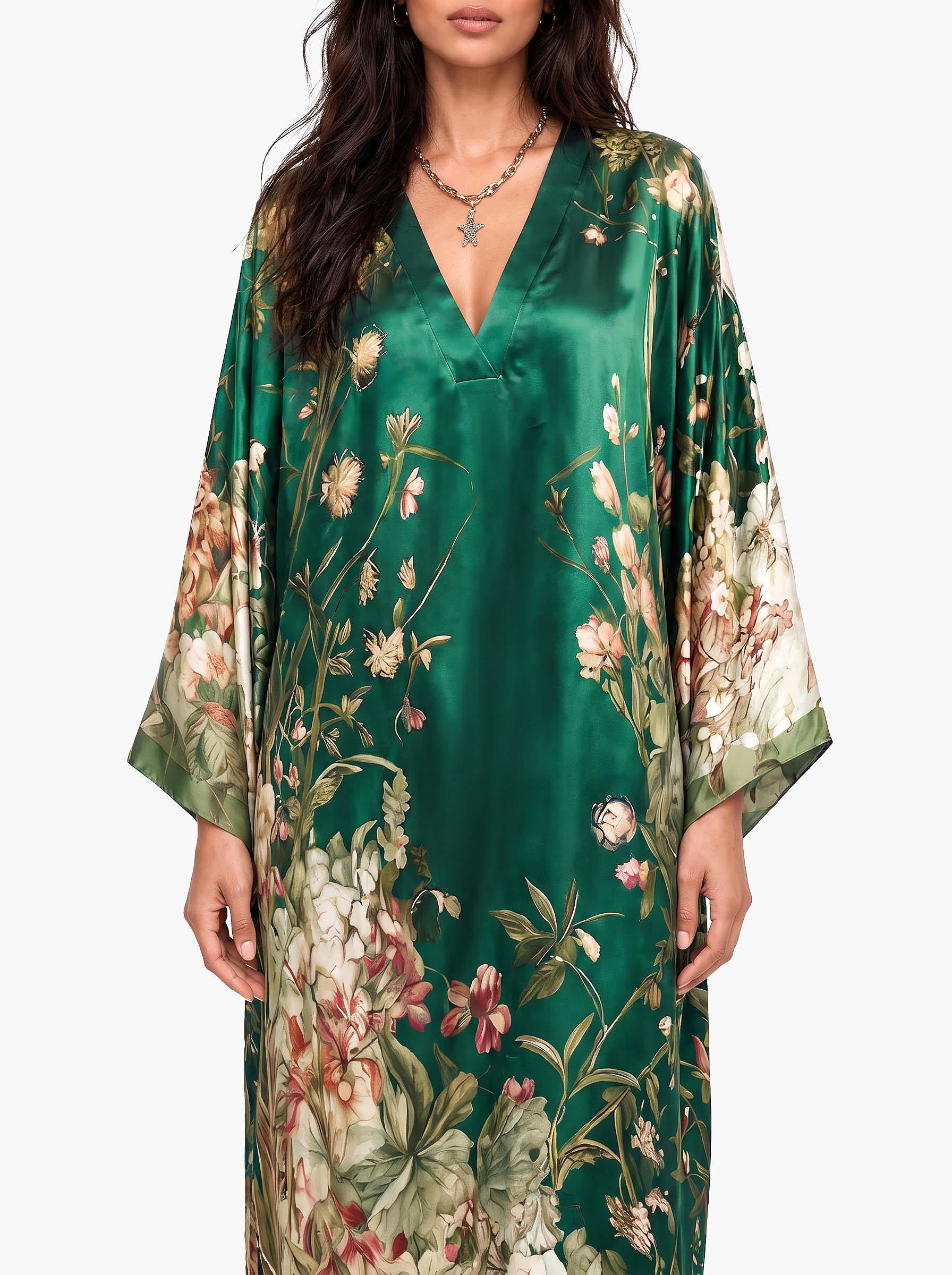 Elegant Floral Print Batwing Sleeve Maxi Dress