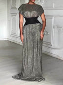 Elegant Shimmery Silver Contrast Waist Maxi Dress
