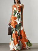 Elegant Floral Print Classic V Neck Sleeveless A-Line Maxi Dress