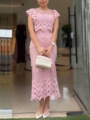 Retro Wave Dot Embroidery Lace Back Tie-up Top and Elastic Waist Maxi Skirt Set