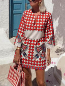 Vintage Print Flared Cuffs Mini Dress