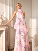 Elegant Pink Floral Applique Halter Maxi Dress