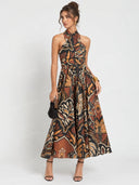 Retro Paisley Print Halter Neck Maxi Dress