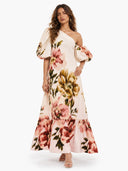 Exquisite Floral Print One Shoulder Puff Sleeve Maxi Dress