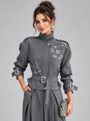 Minimalist Rhinestone Belted Jacket & Wide-Leg Pants Set