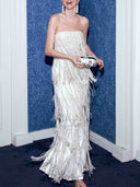 Elegant Strapless Beaded Fringe Maxi Dress