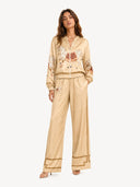 Exquisite Satin Horse Print Zip Jacket & Wide-Leg Pants Two-Piece Set