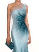 Elegant Gradient One-Shoulder Tulle  Satin Maxi Dress