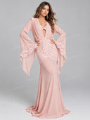 Lace Applique Draped Long Sleeve Maxi Dress