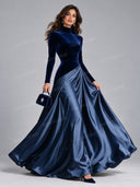Elegant Velvet Panel Draped Maxi Dress