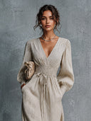 Casual Ruched V-Neck Waist-Tie Maxi Dress