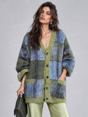 Casual Fuzzy Plaid Cardigan & Satin Wide Leg Pants Two Piece Set