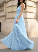 Elegant Spaghetti-Strap Ruffled Pleated Chiffon Maxi Dress