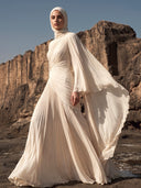 Elegant Pleated High-Neck Cape Sleeve Chiffon Maxi Dress
