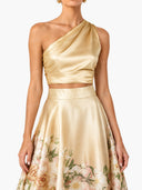 Elegant One-Shoulder Satin Crop Top & Floral Print Maxi Skirt Set