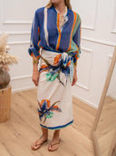 Striped Print Button-Up Shirt & Wrap Midi Skirt Set