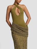 Elegant Cross Halter Cutout Sequined Maxi Dress